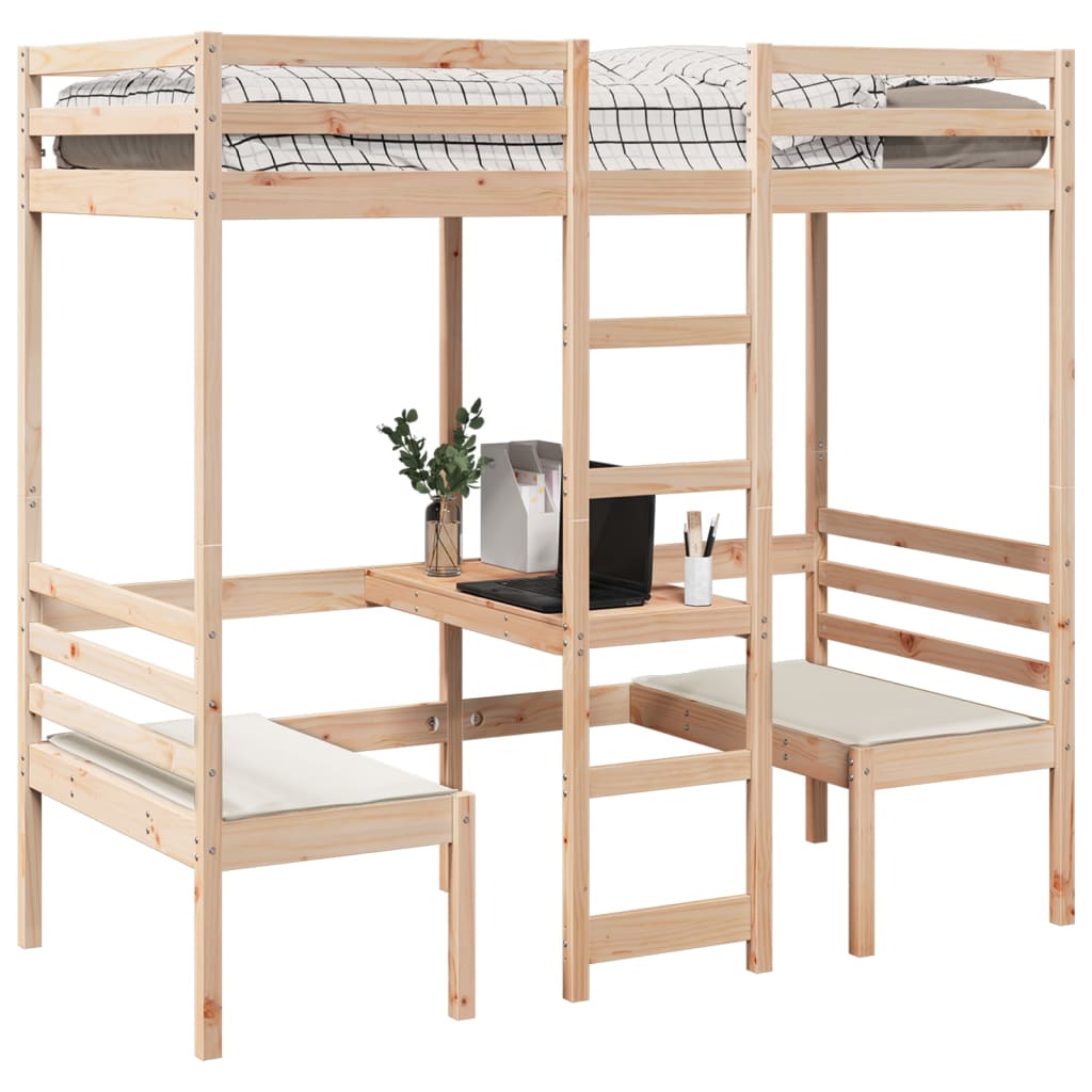 Loft Bed Frame with Desk and Chairs 80x200cm Solid Wood Pine - Bargainia.com - 8721158373168 - 3308556