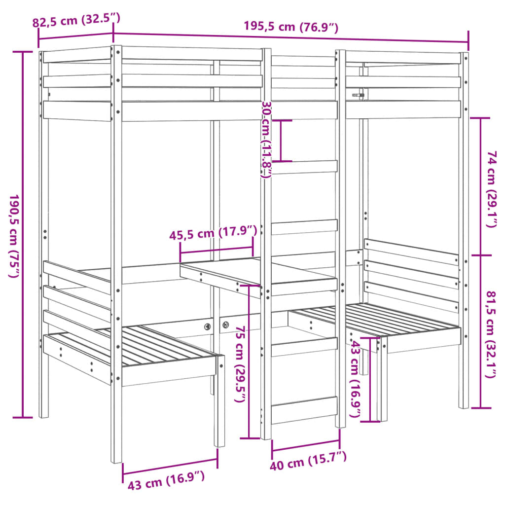 Loft Bed Frame with Desk and Chairs White 75x190cm Solid Wood Pine - Bargainia.com - 8721158373236 - 3308563