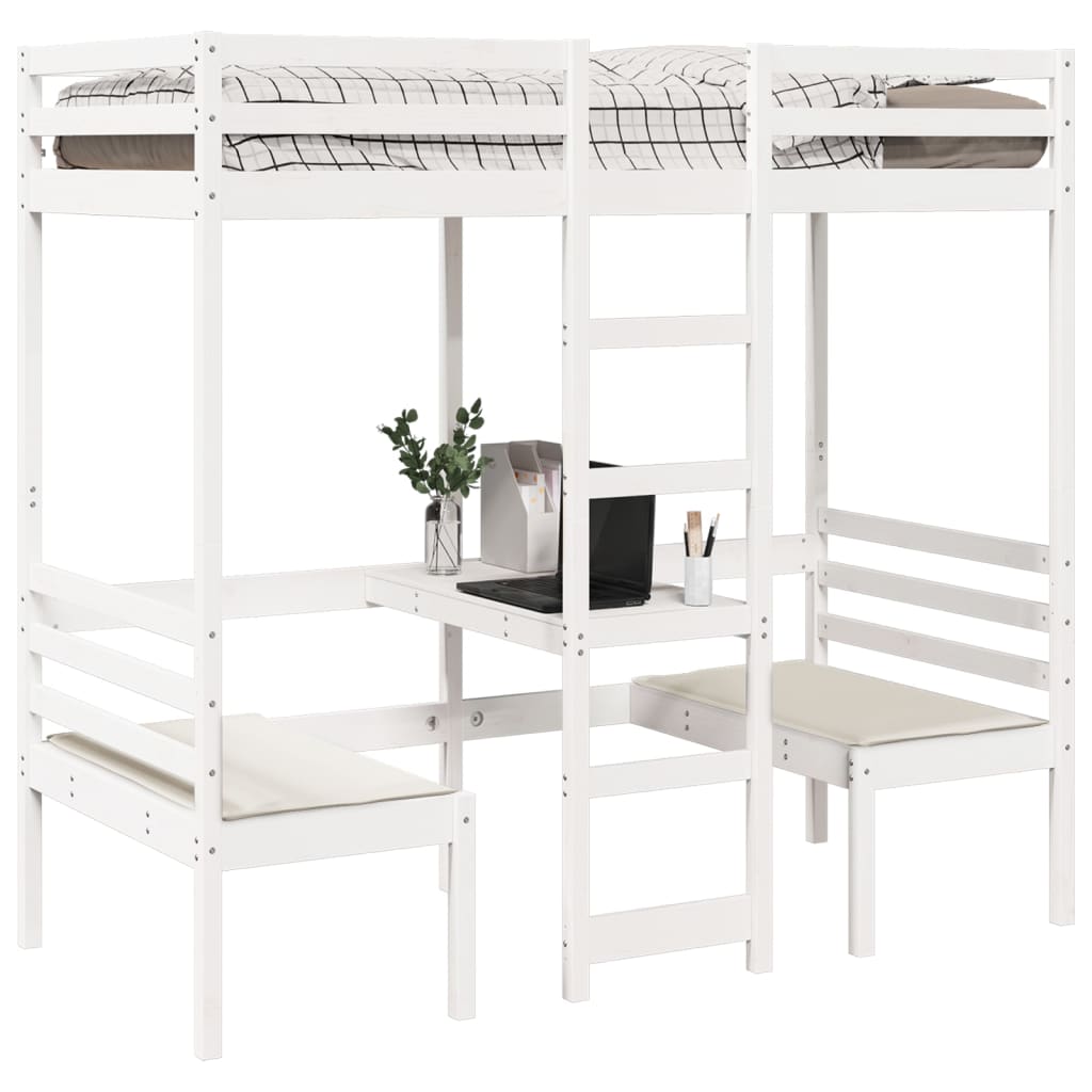 Loft Bed Frame with Desk and Chairs White 75x190cm Solid Wood Pine - Bargainia.com - 8721158373236 - 3308563
