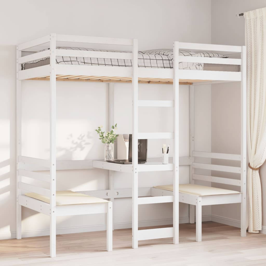 Loft Bed Frame with Desk and Chairs White 75x190cm Solid Wood Pine - Bargainia.com - 8721158373236 - 3308563