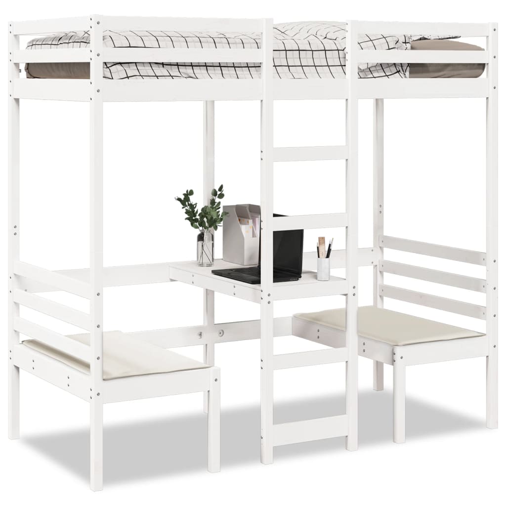Loft Bed Frame with Desk and Chairs White 80x200cm Solid Wood Pine - Bargainia.com - 8721158373175 - 3308557