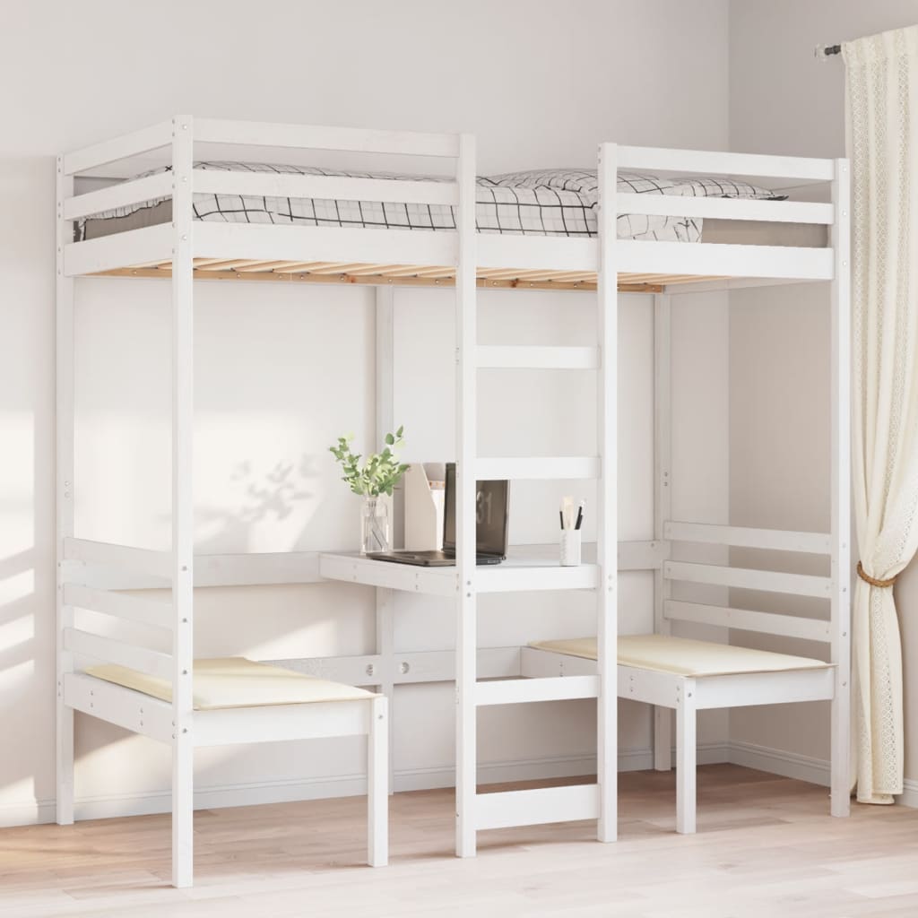 Loft Bed Frame with Desk and Chairs White 80x200cm Solid Wood Pine - Bargainia.com - 8721158373175 - 3308557