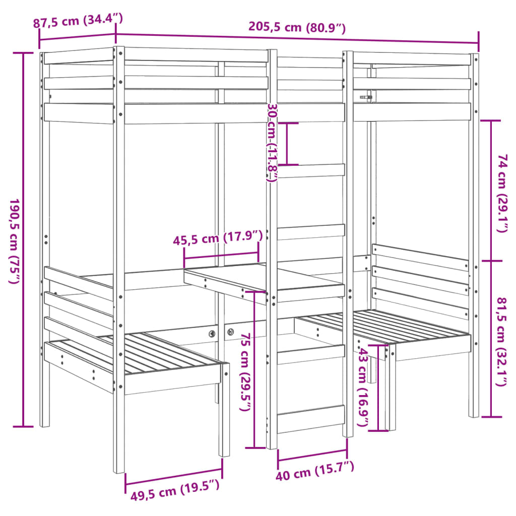 Loft Bed Frame with Desk and Chairs White 80x200cm Solid Wood Pine - Bargainia.com - 8721158373175 - 3308557