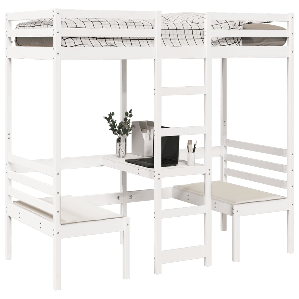 Loft Bed Frame with Desk and Chairs White 80x200cm Solid Wood Pine - Bargainia.com - 8721158373175 - 3308557