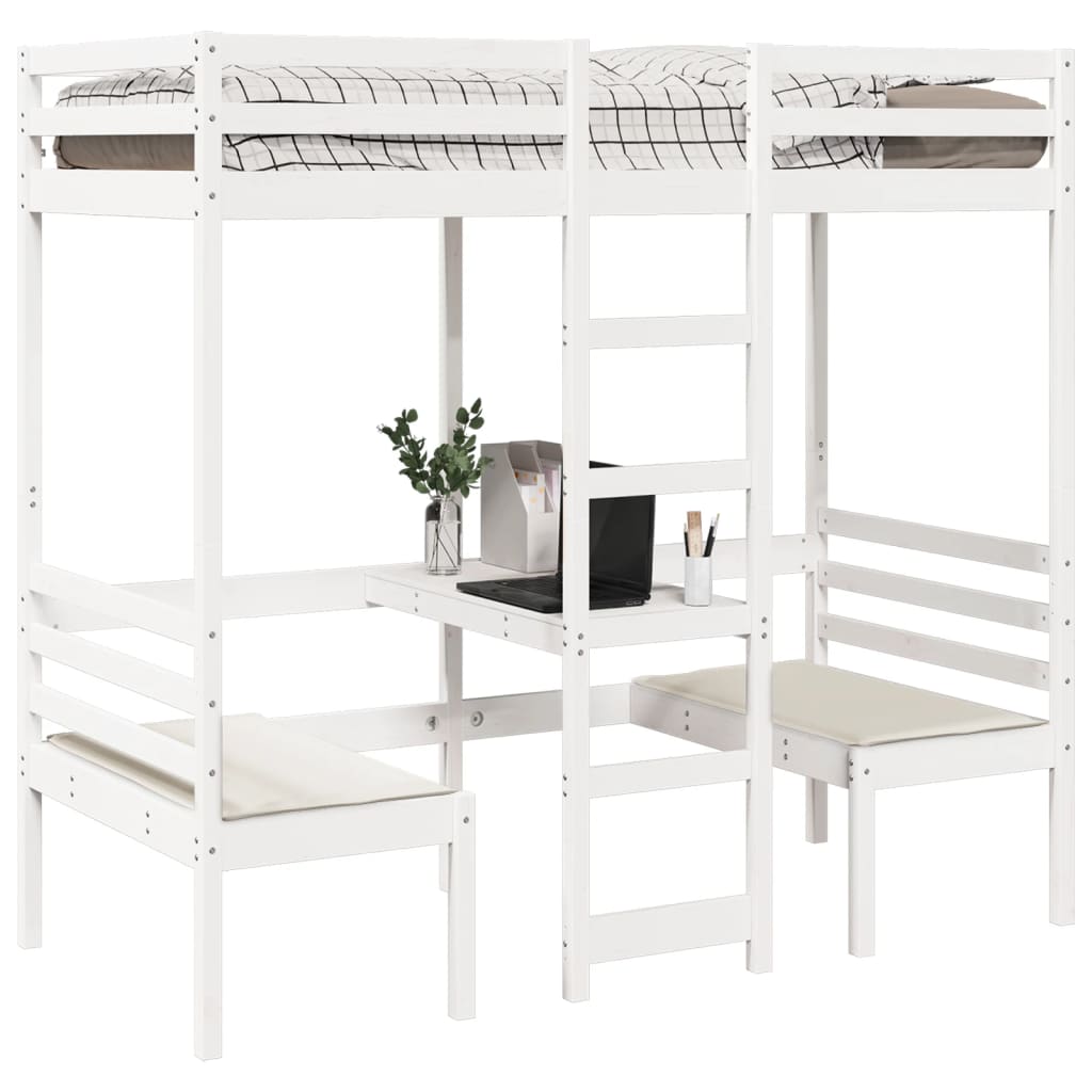 Loft Bed Frame with Desk and Chairs White 90x190cm Solid Wood Pine - Bargainia.com - 8721158373205 - 3308560