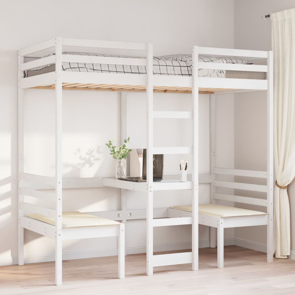 Loft Bed Frame with Desk and Chairs White 90x190cm Solid Wood Pine - Bargainia.com - 8721158373205 - 3308560