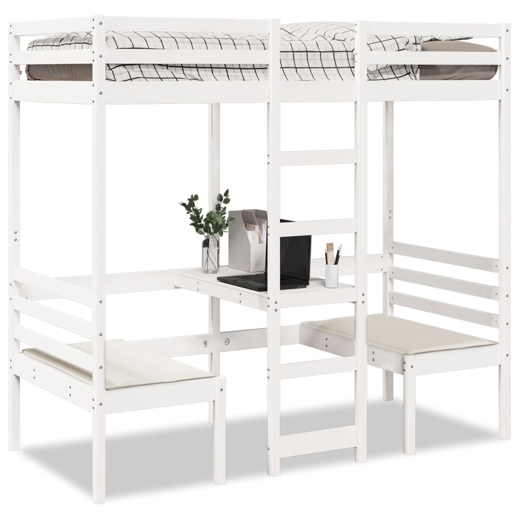 Loft Bed Frame with Desk and Chairs White 90x190cm Solid Wood Pine - Bargainia.com - 8721158373205 - 3308560