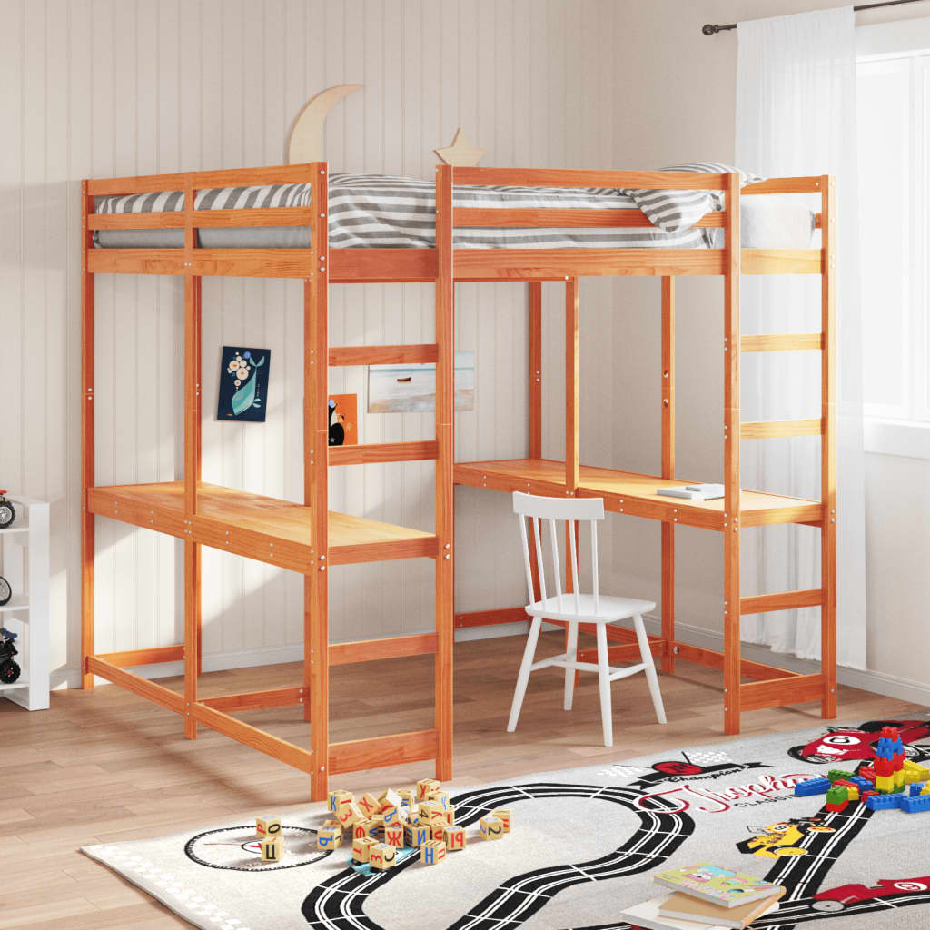 Loft Bed with Desk and Ladder Wax Brown 160x200 cm Solid Wood Pine - Bargainia.com - 8721102803697 - 3284235