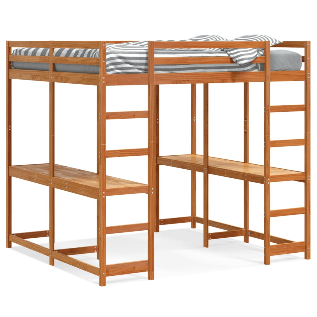 Loft Bed with Desk and Ladder Wax Brown 160x200 cm Solid Wood Pine - Bargainia.com - 8721102803697 - 3284235
