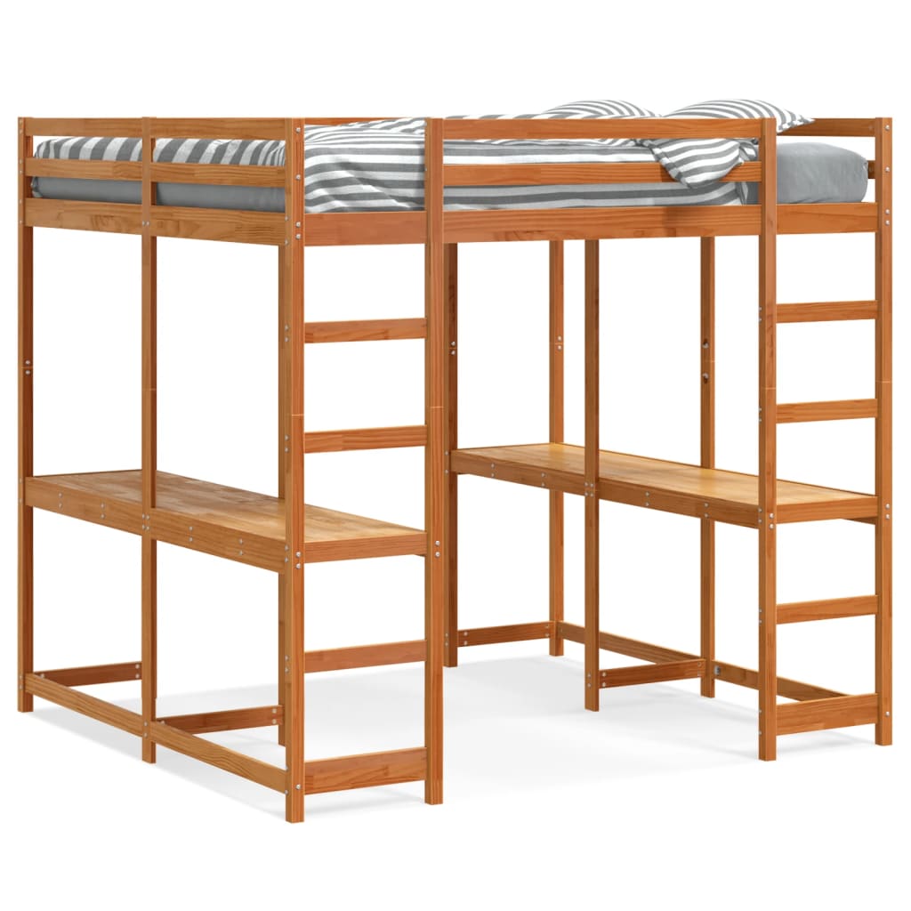 Loft Bed with Desk and Ladder Wax Brown 180x200 cm Super King Solid Wood Pine - Bargainia.com - 8721102803666 - 3284232