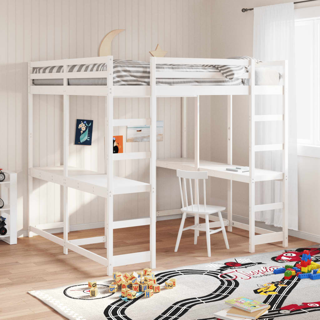 Loft Bed with Desk and Ladder White 180x200 cm Super King Solid Wood Pine - Bargainia.com - 8721102803659 - 3284231