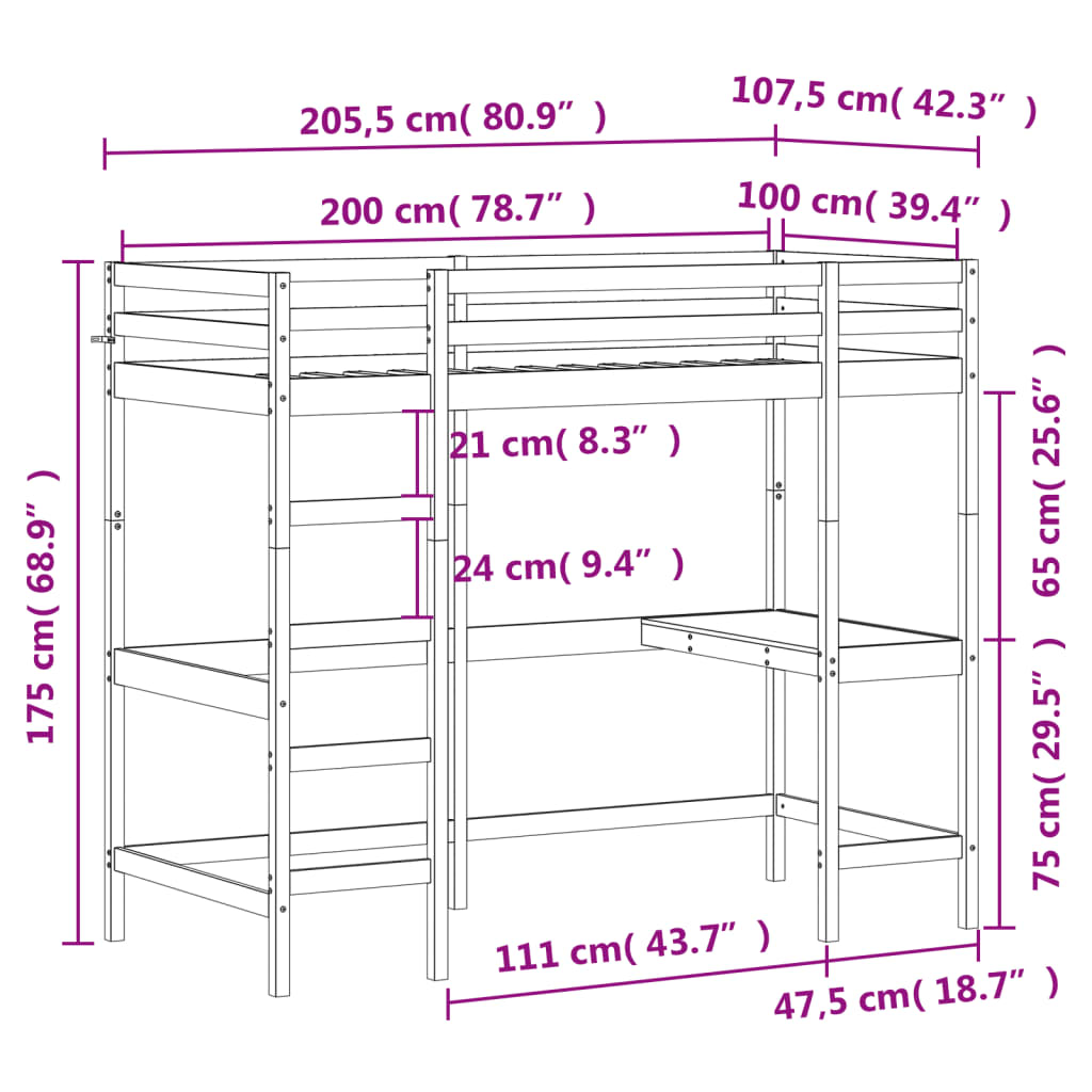 Loft Bed without Mattress White 100x200 cm Solid Wood Pine - Bargainia.com - 8721012429758 - 842847