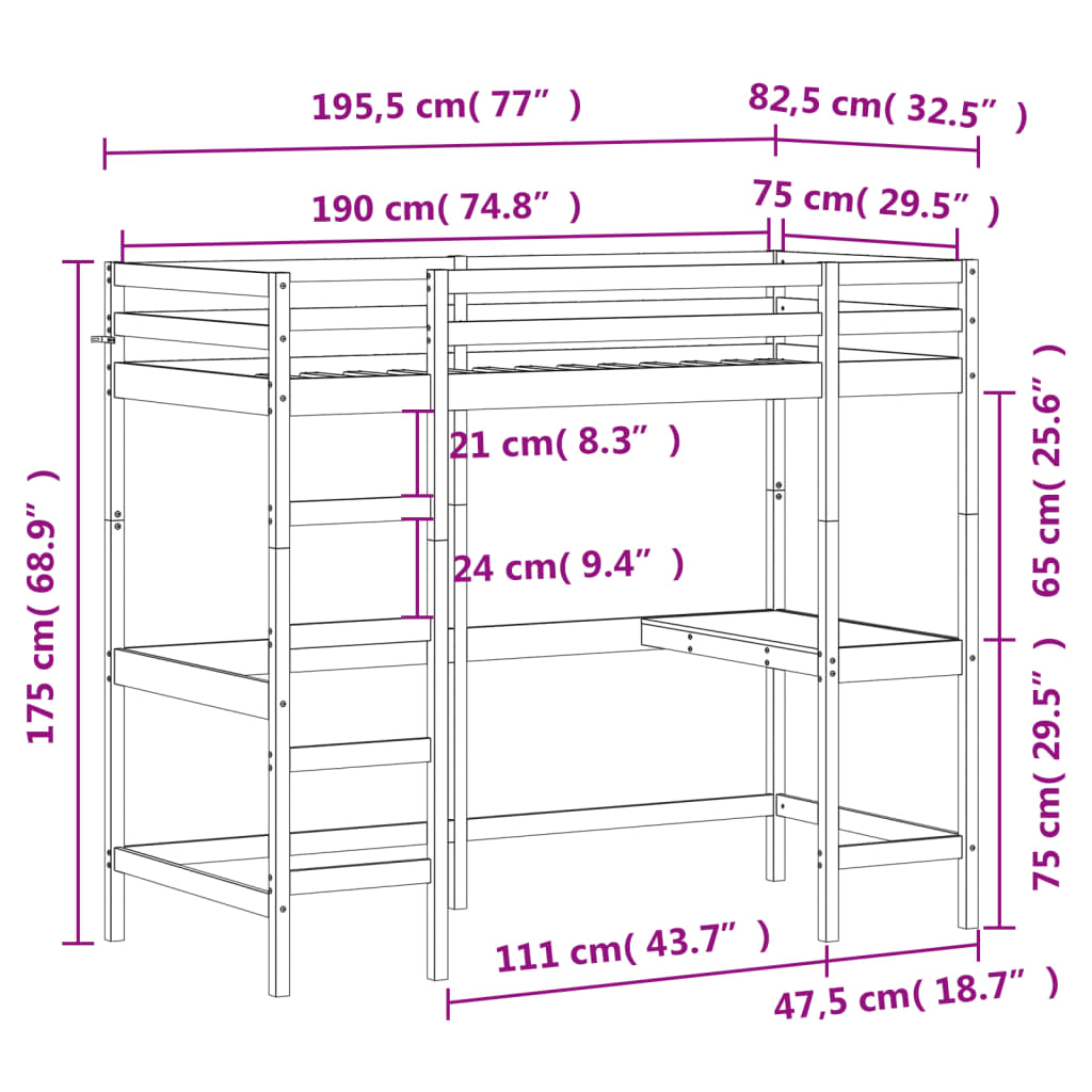 Loft Bed without Mattress White 75x190 cm Small Single Solid Wood Pine - Bargainia.com - 8721012429871 - 842863