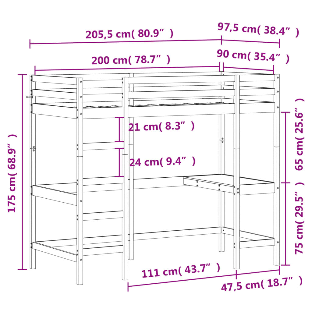 Loft Bed without Mattress White 90x200 cm Solid Wood Pine - Bargainia.com - 8721012429789 - 842851