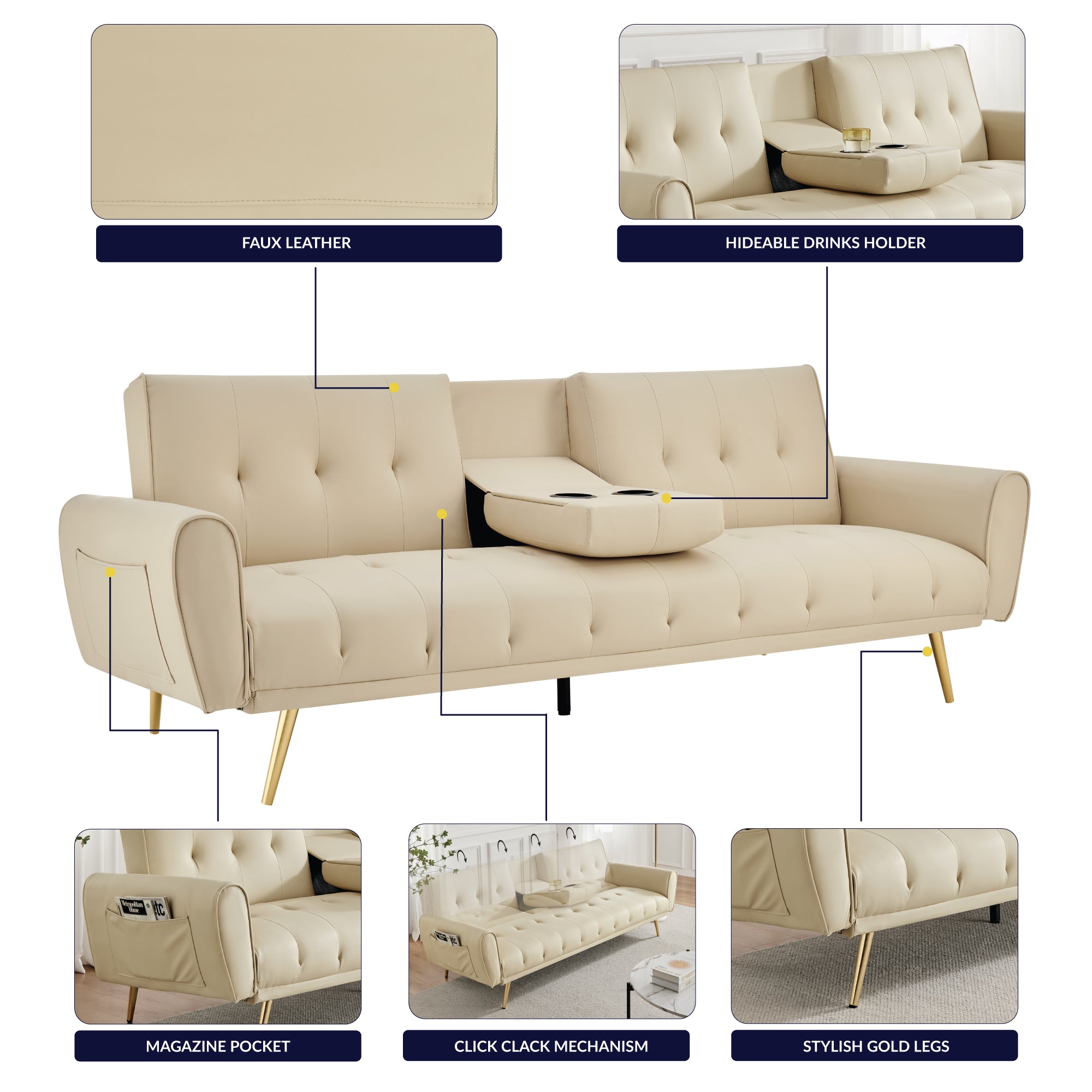 Lora Sofa Bed 3 Seater Faux Leather Click Clack with 2 Cup Holders - Beige Bargainia