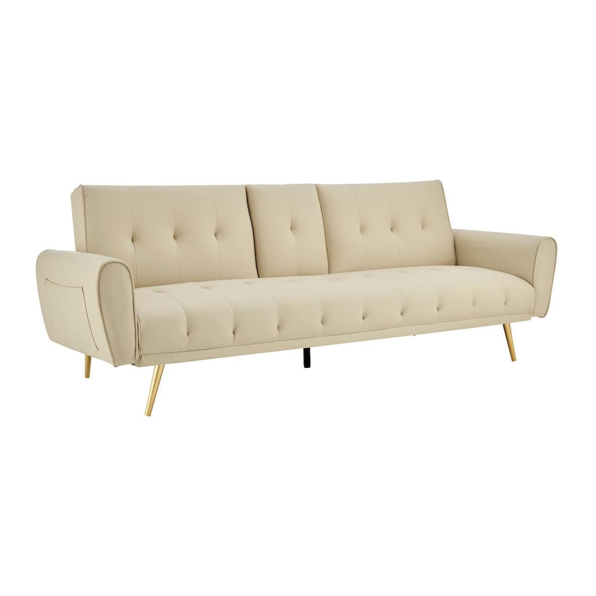 Lora Sofa Bed 3 Seater Faux Leather Click Clack with 2 Cup Holders - Beige Bargainia