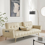 Lora Sofa Bed 3 Seater Faux Leather Click Clack with 2 Cup Holders - Beige - Bargainia.com - 