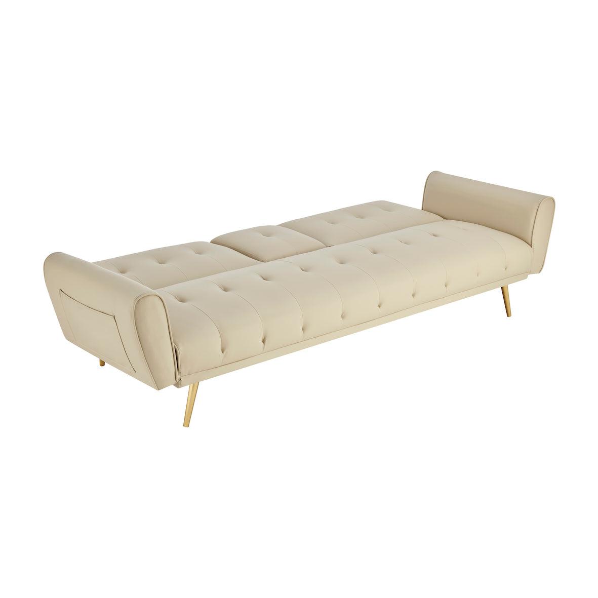 Lora Sofa Bed 3 Seater Faux Leather Click Clack with 2 Cup Holders - Beige - Bargainia.com - 