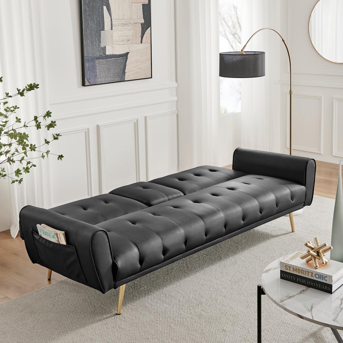 Lora Sofa Bed 3 Seater Faux Leather Click Clack with 2 Cup Holders - Black Bargainia