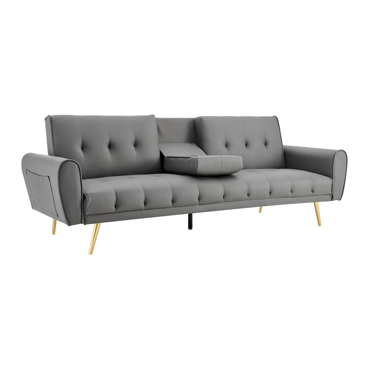 Lora Sofa Bed 3 Seater Faux Leather Click Clack with 2 Cup Holders - Grey Bargainia
