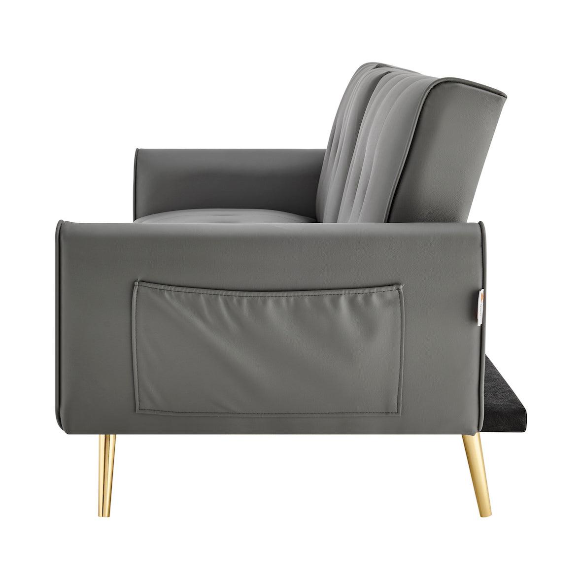 Lora Sofa Bed 3 Seater Faux Leather Click Clack with 2 Cup Holders - Grey - Bargainia.com - 