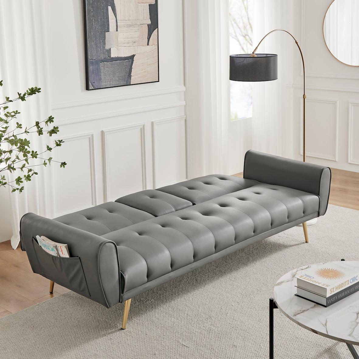 Lora Sofa Bed 3 Seater Faux Leather Click Clack with 2 Cup Holders - Grey - Bargainia.com - 