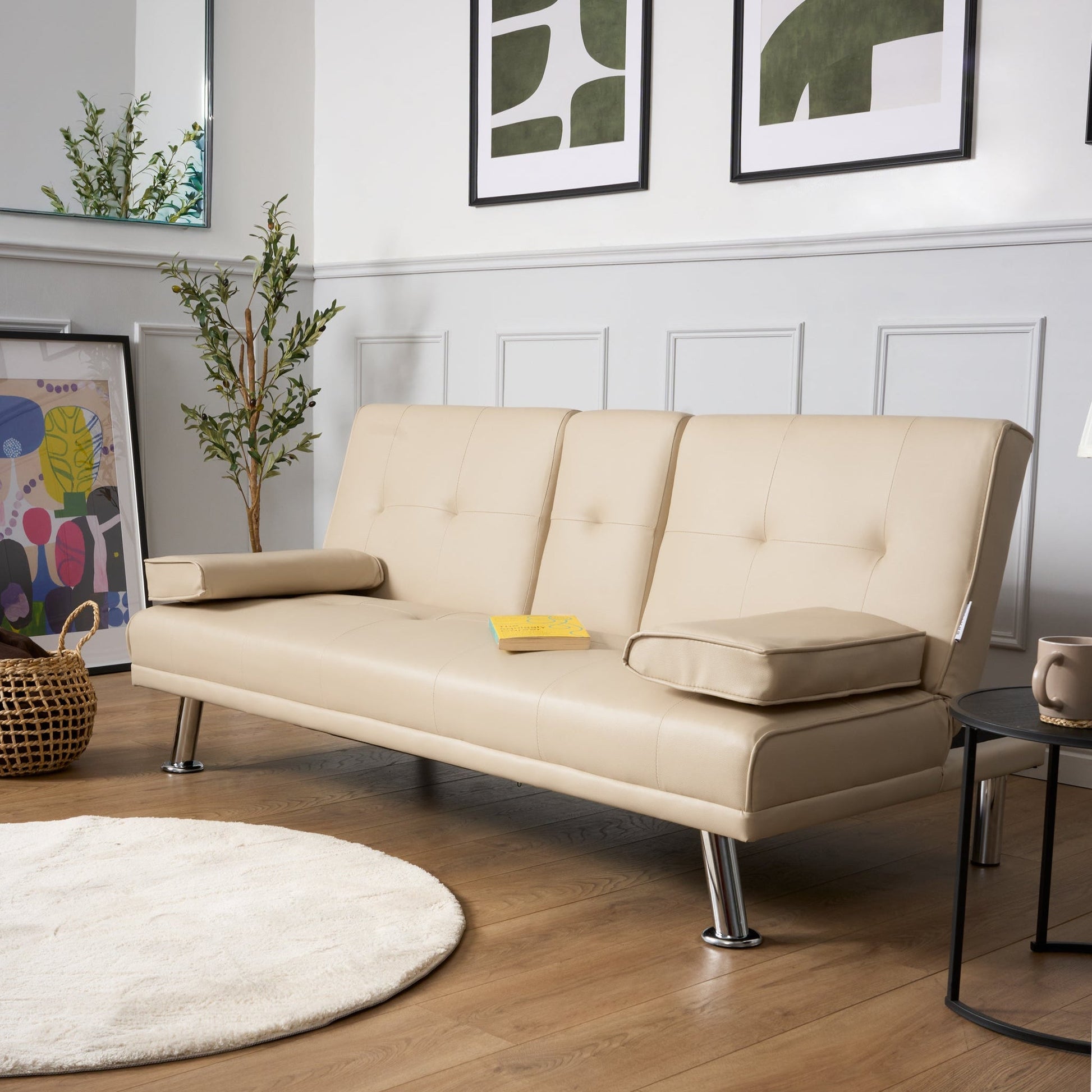 Manhattan Sofa Bed 2 Seater Faux Leather Click Clack - Cream Bargainia