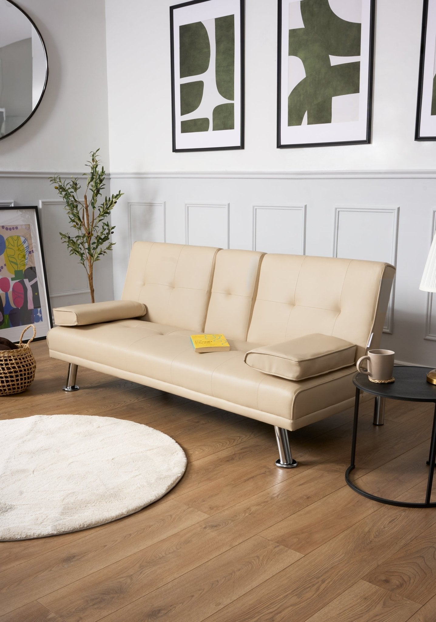 Manhattan Sofa Bed 2 Seater Faux Leather Click Clack - Cream Bargainia