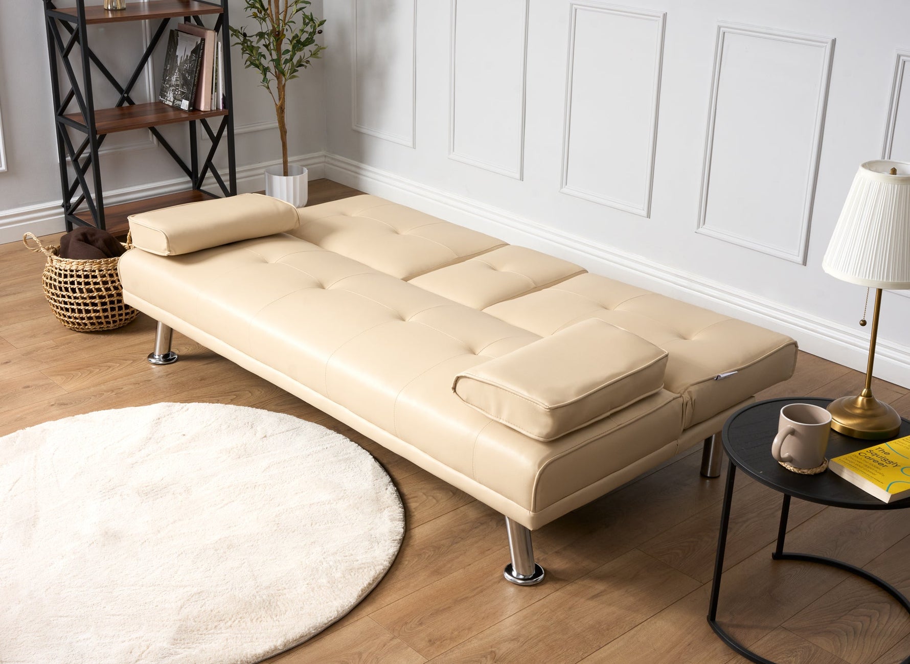 Manhattan Sofa Bed 2 Seater Faux Leather Click Clack - Cream - Bargainia.com - 