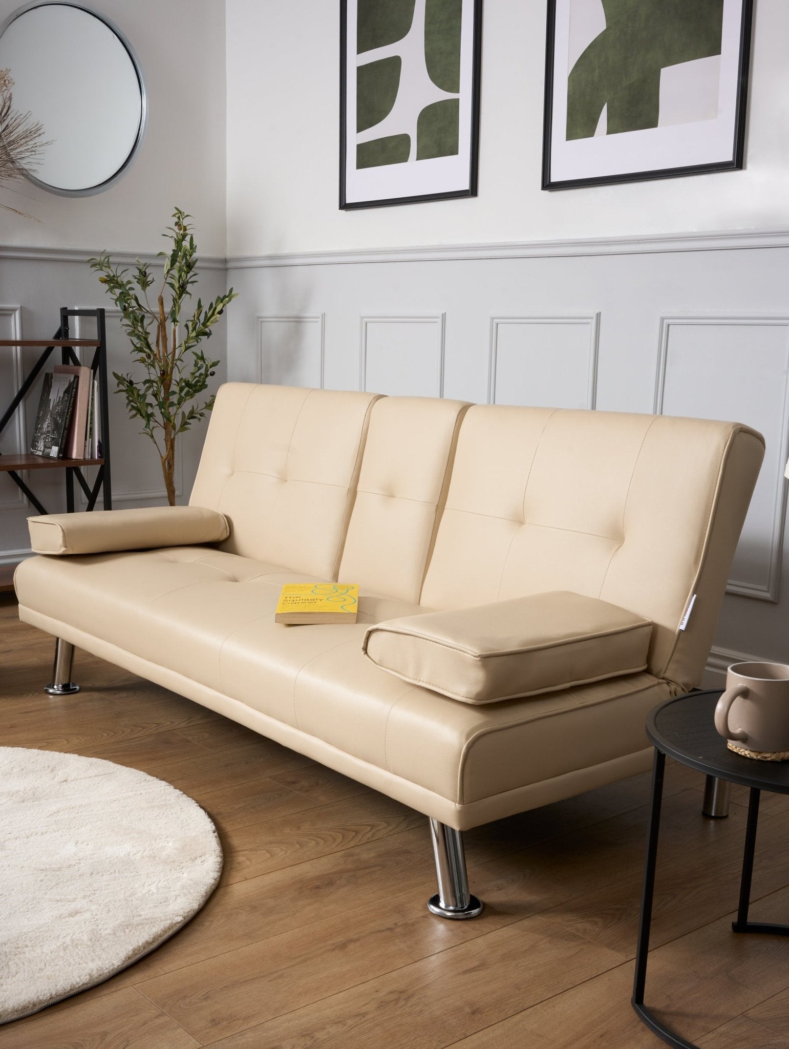 Manhattan Sofa Bed 2 Seater Faux Leather Click Clack - Cream Bargainia