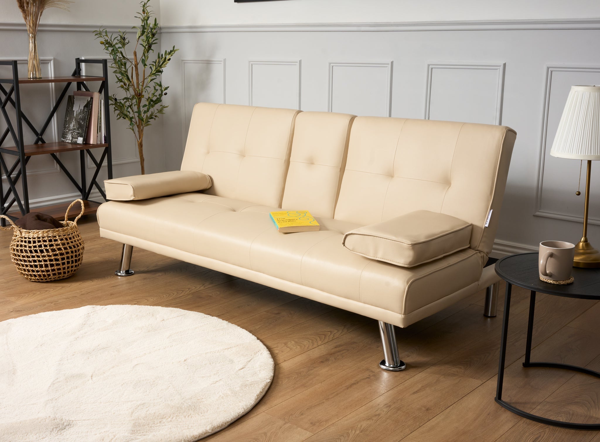Manhattan Sofa Bed 2 Seater Faux Leather Click Clack - Cream Bargainia