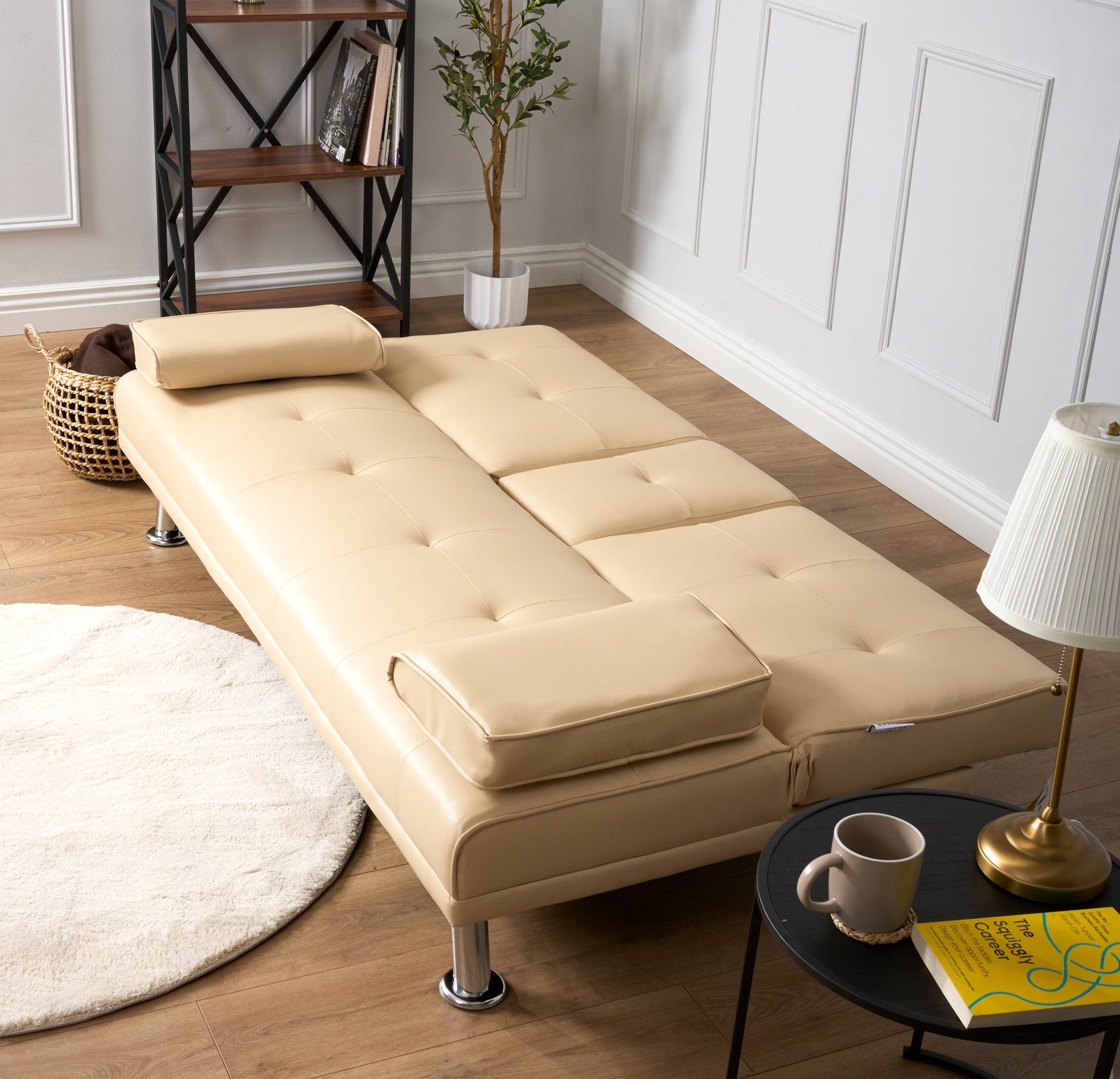 Manhattan Sofa Bed 2 Seater Faux Leather Click Clack - Cream - Bargainia.com - 