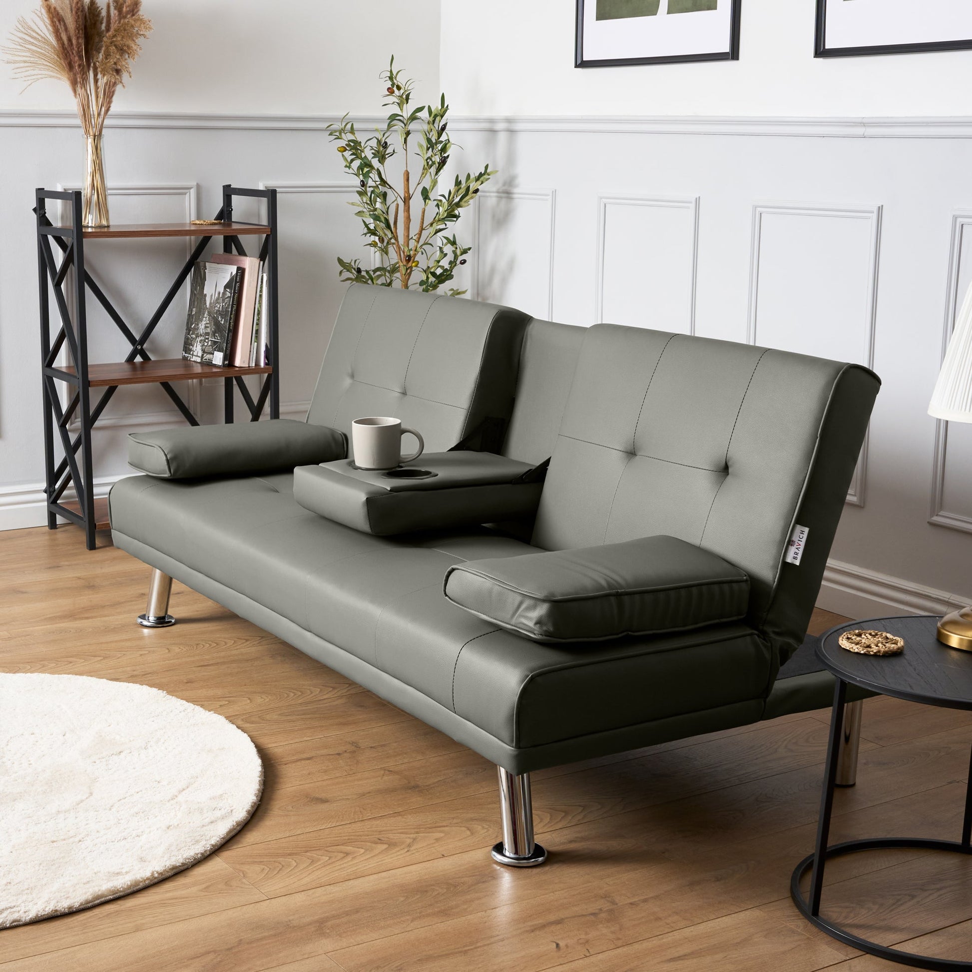 Manhattan Sofa Bed 2 Seater Faux Leather Click Clack - Grey Bargainia