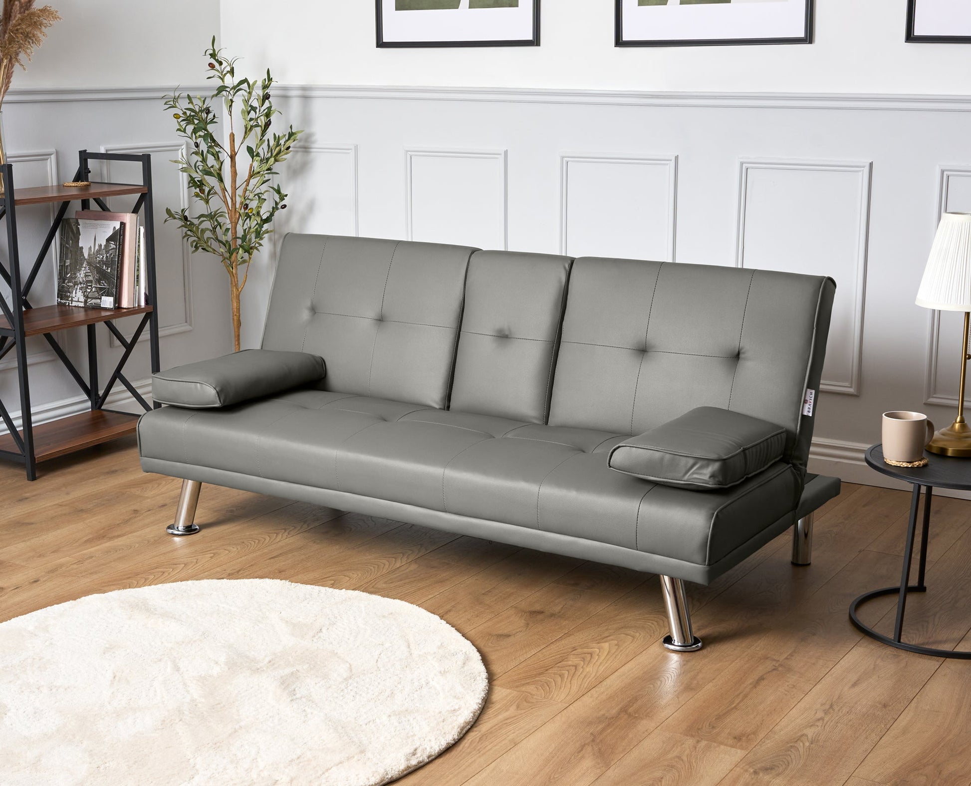Manhattan Sofa Bed 2 Seater Faux Leather Click Clack - Grey Bargainia