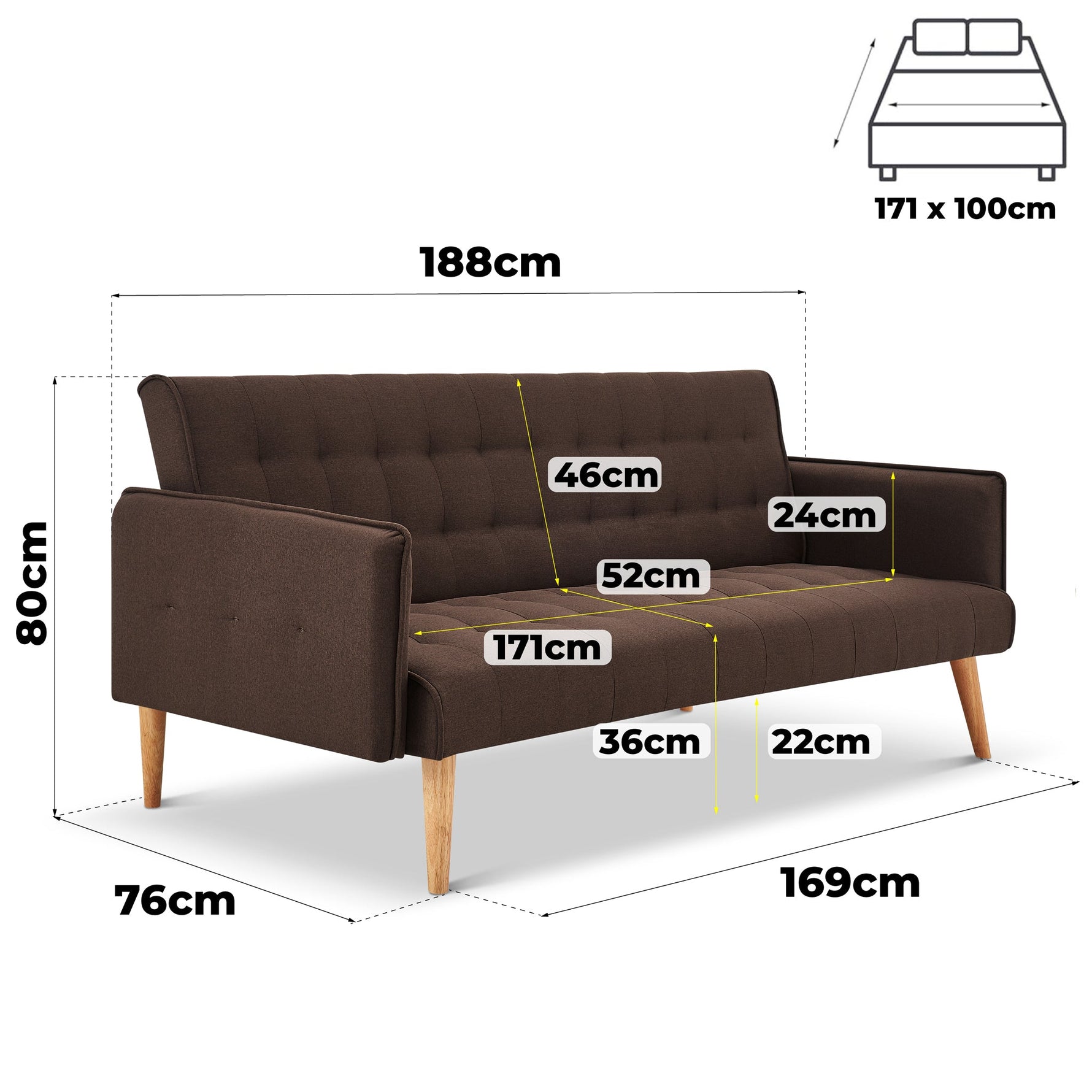 Mario 3 Seater Sofa Bed | Click Clack Folding Sofa Bed | Brown - Bargainia.com - 5056150263678
