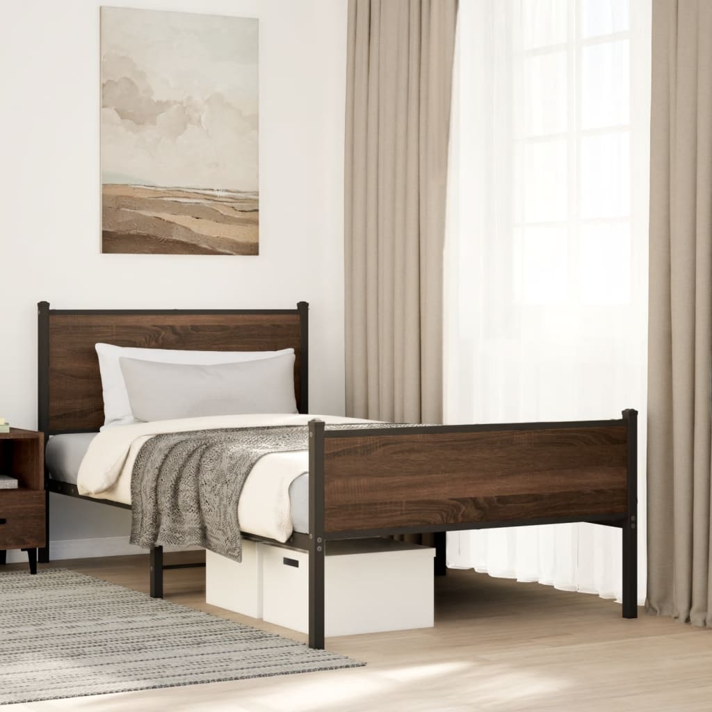 Metal Bed Frame without Mattress Brown Oak 100x190 cm - Bargainia.com - 