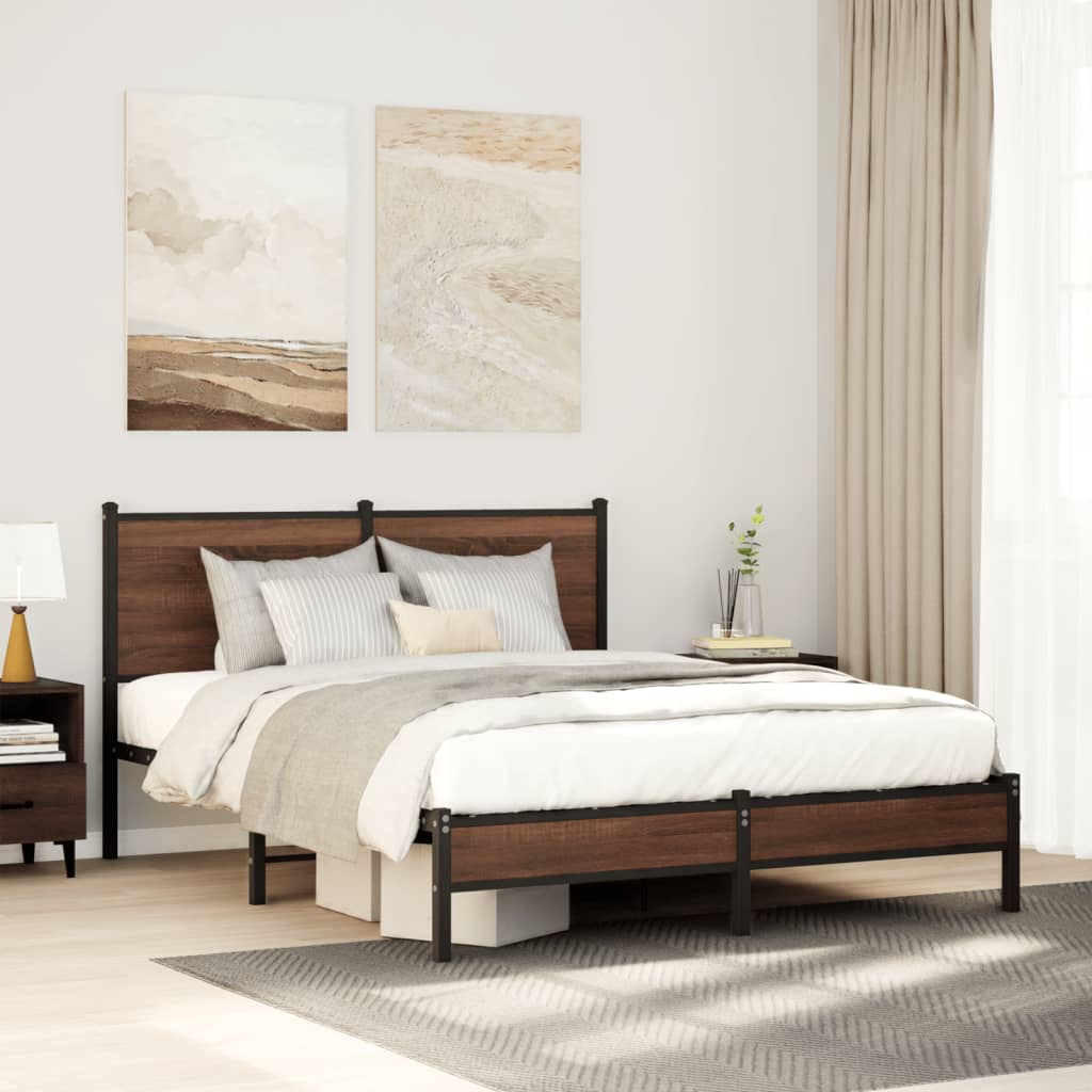 Metal Bed Frame without Mattress Brown Oak 140x200 cm - Bargainia.com - 