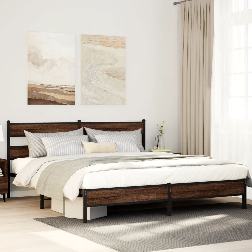 Metal Bed Frame without Mattress Brown Oak 193x203 cm - Bargainia.com - 