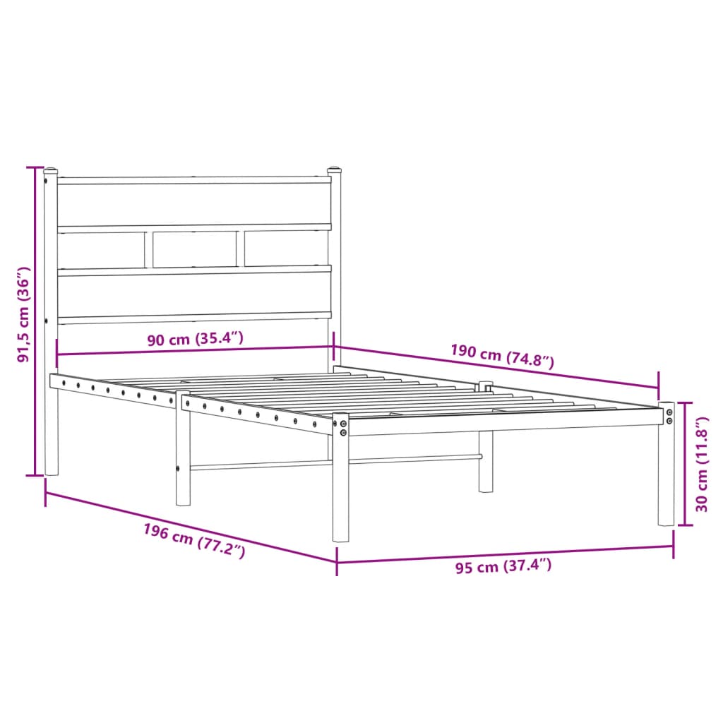 Metal Bed Frame without Mattress Smoked Oak 90x190 cm Single - Bargainia.com - 