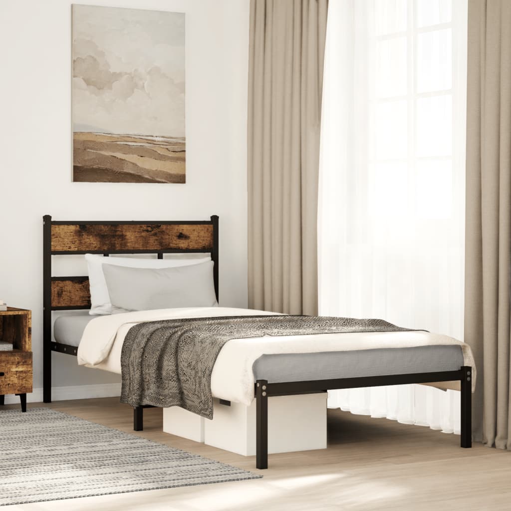 Metal Bed Frame without Mattress Smoked Oak 90x190 cm Single - Bargainia.com - 