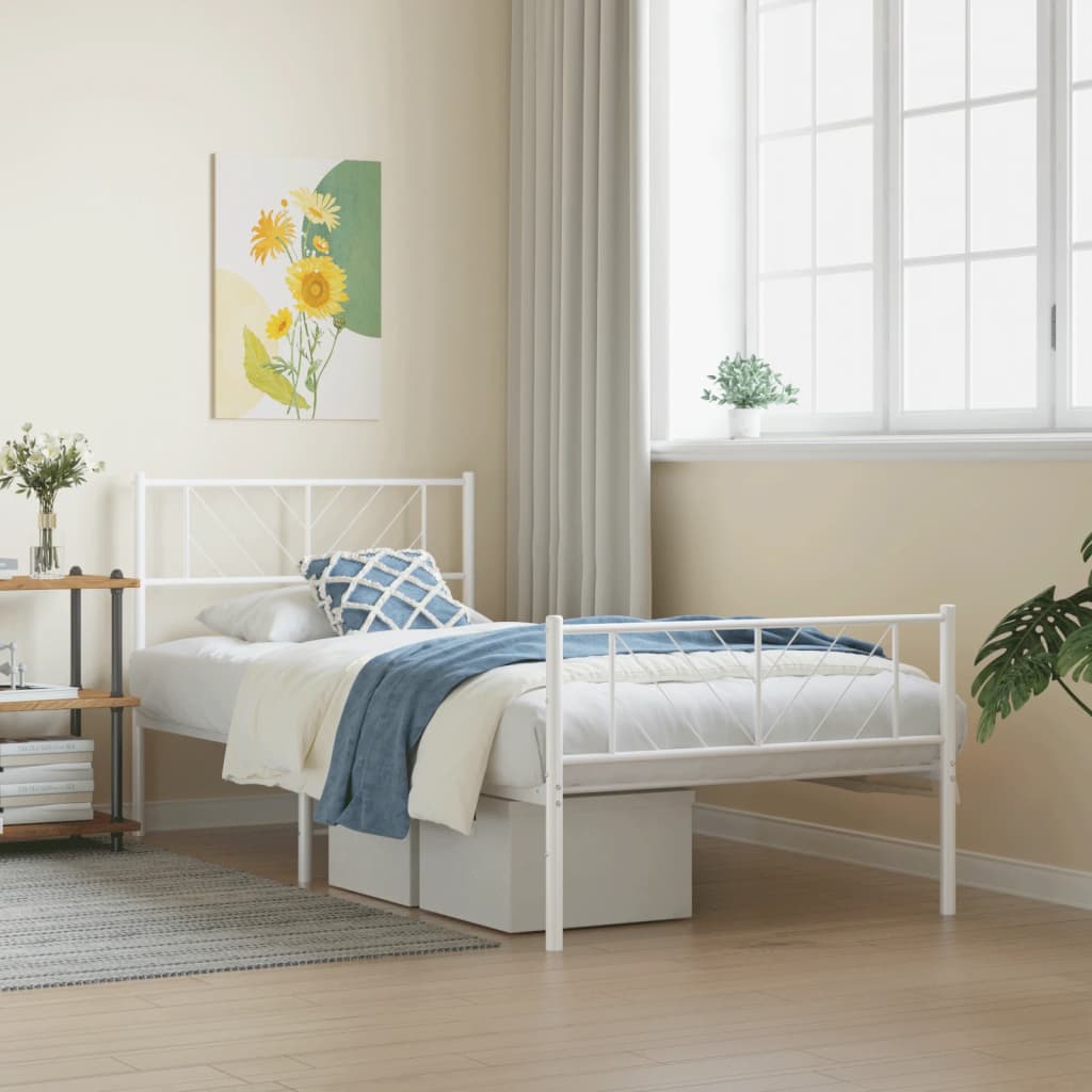 Metal Bed Frame without Mattress with Footboard White 107x203cm - Bargainia.com - 
