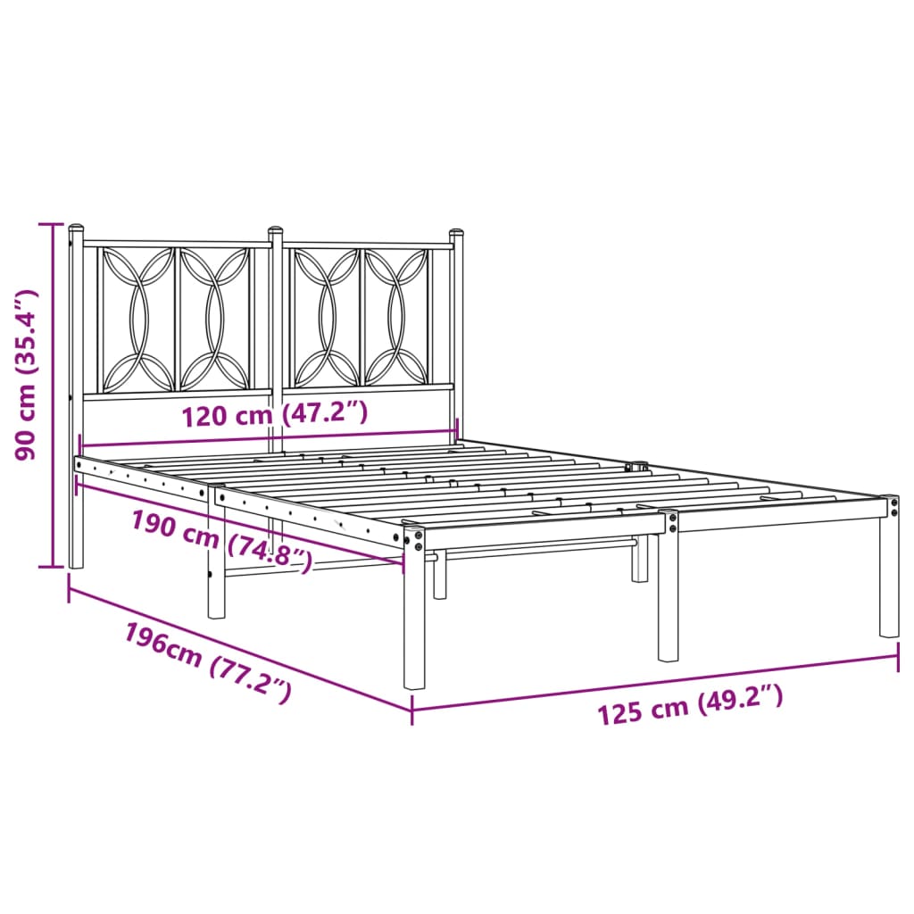 Metal Bed Frame without Mattress with Headboard Black 120x190cm - Bargainia.com - 