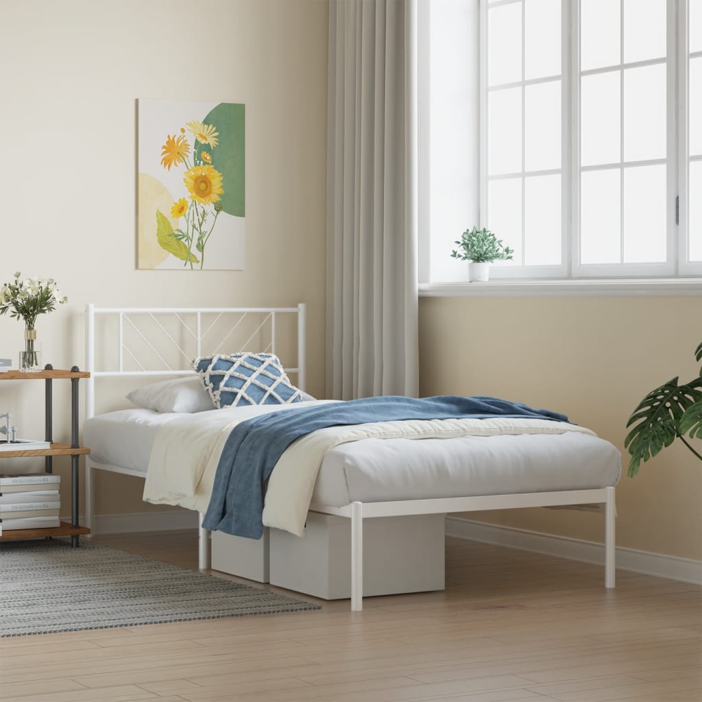 Metal Bed Frame without Mattress with Headboard White 100x200cm - Bargainia.com - 