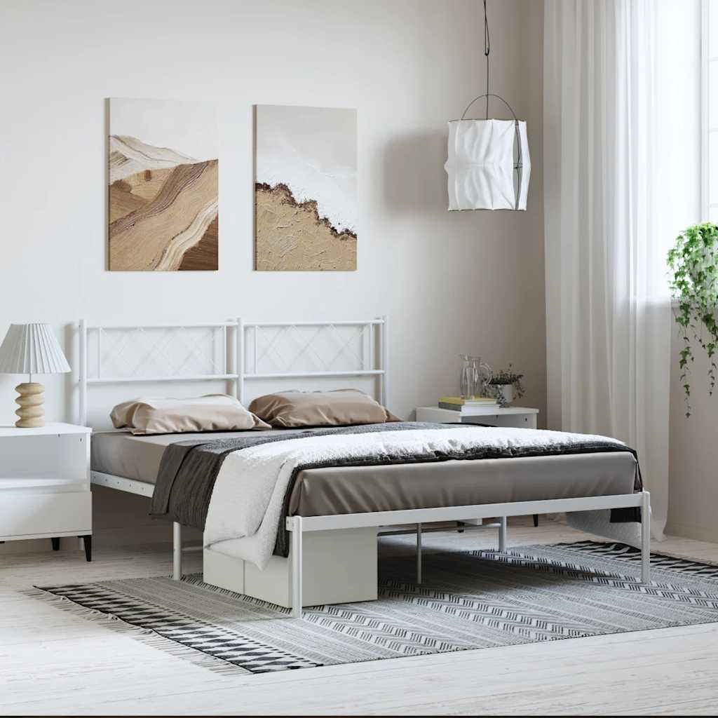 Metal Bed Frame without Mattress with Headboard White 135x190cm - Bargainia.com - 