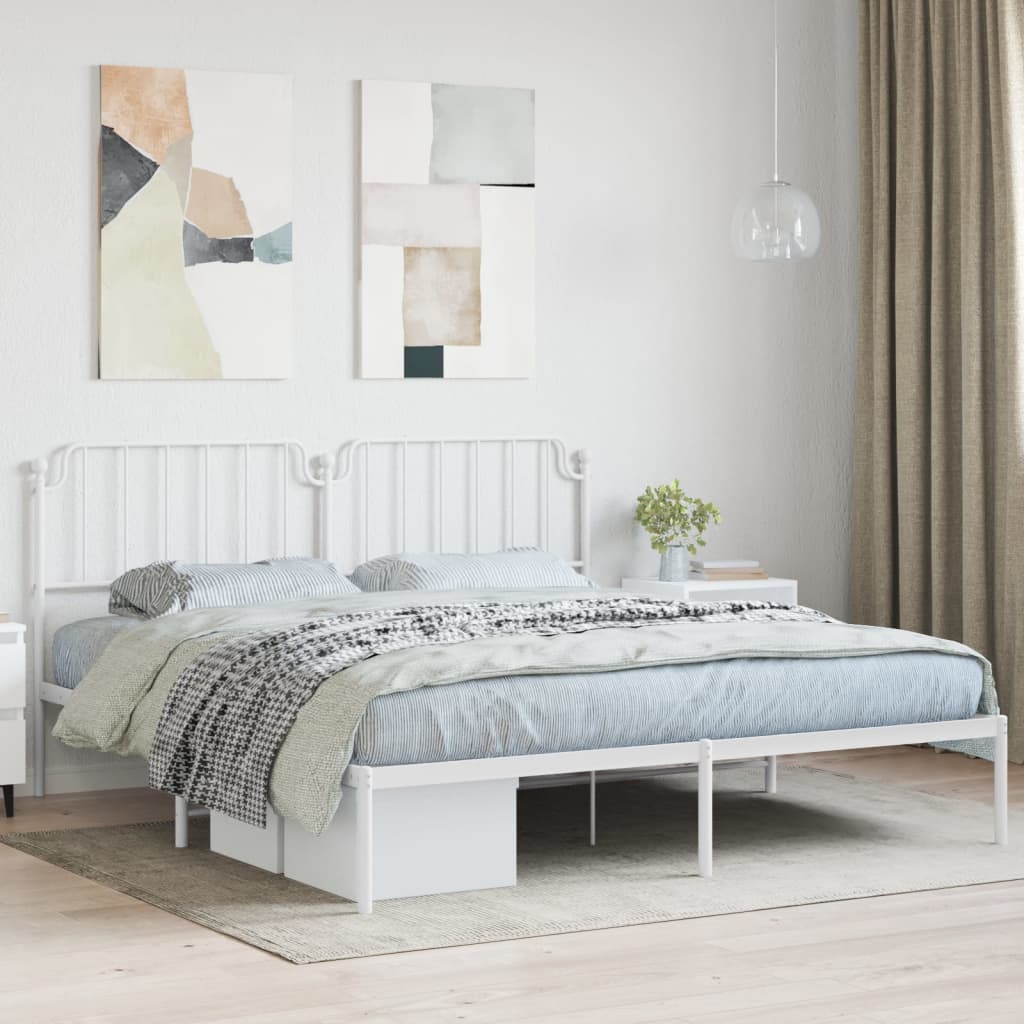 Metal Bed Frame without Mattress with Headboard White 160x200cm - Bargainia.com - 