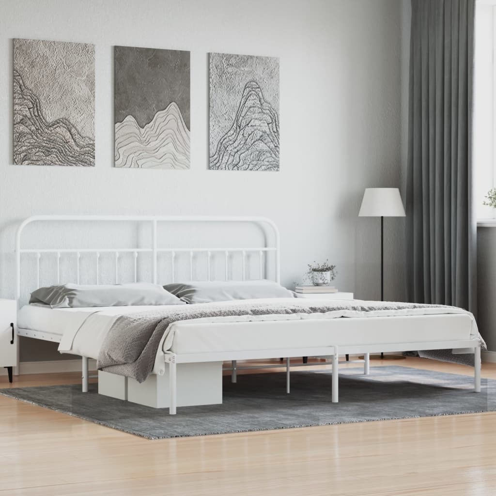 Metal Bed Frame without Mattress with Headboard White 200x200cm - Bargainia.com - 