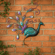 Metal Diamante Rainbow Peacock Hand Painted Wall Art - 60cm Decor Clearance