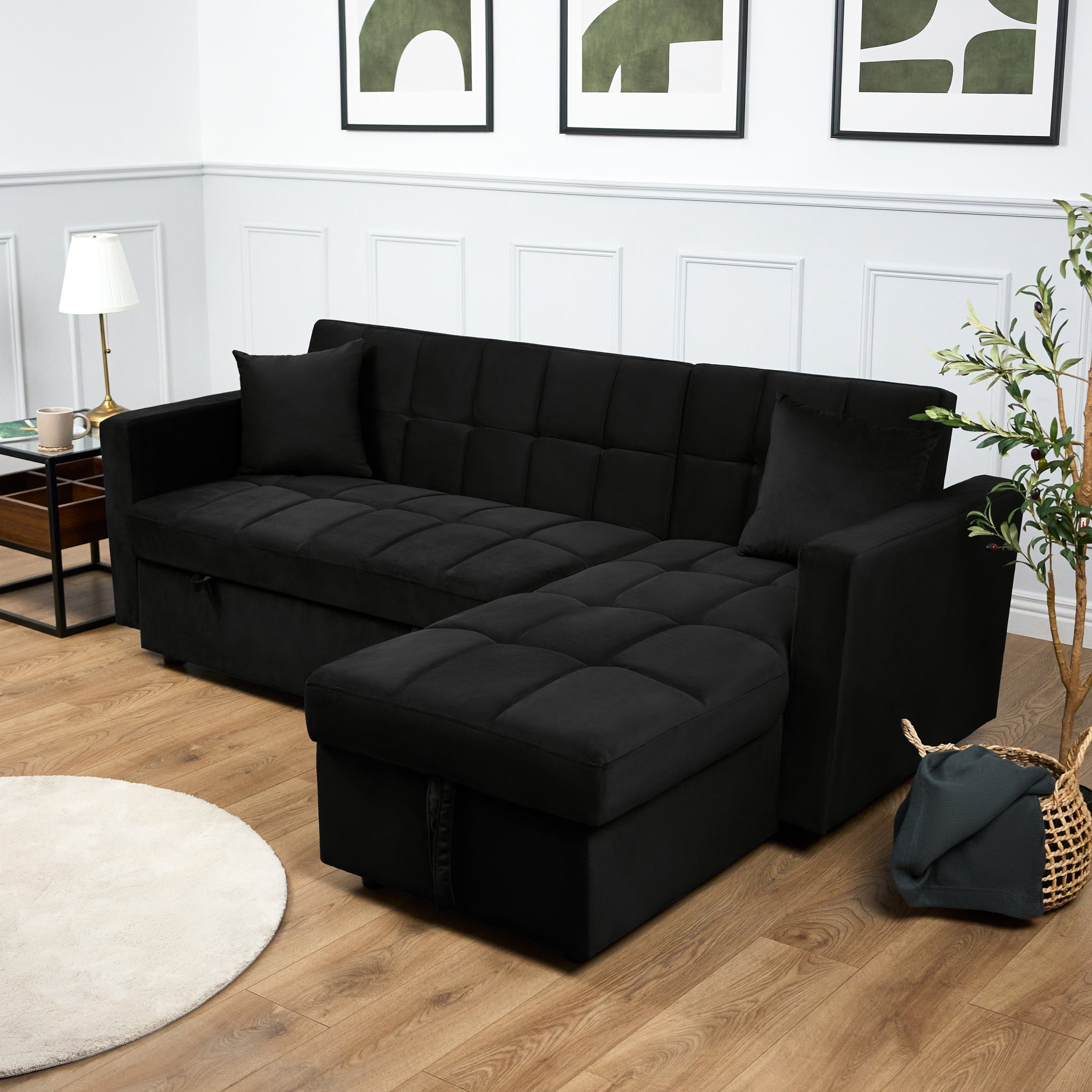 Milo Black Corner Sofa Bed with Storage - Velvet Sofa Bed & Pull Out Bed - Bargainia.com - 5056150286196