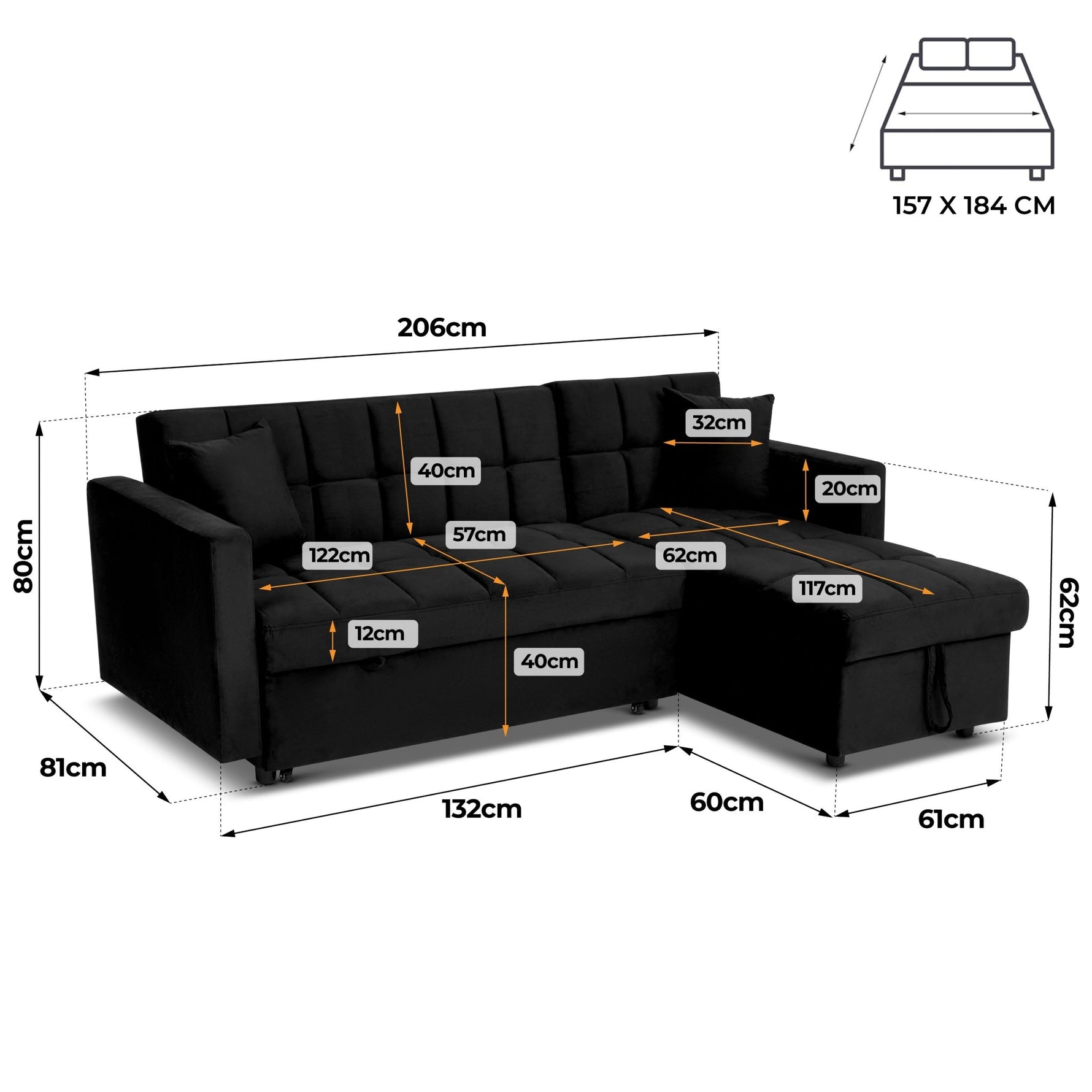 Milo Black Corner Sofa Bed with Storage - Velvet Sofa Bed & Pull Out Bed - Bargainia.com - 