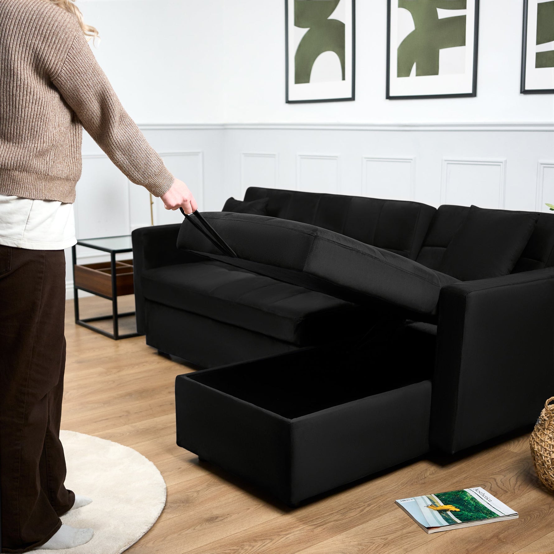 Milo Black Corner Sofa Bed with Storage - Velvet Sofa Bed & Pull Out Bed - Bargainia.com - 5056150286196